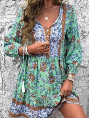 Boho Floral Print Tassel Neck Tie 3/4 Sleeve Dress